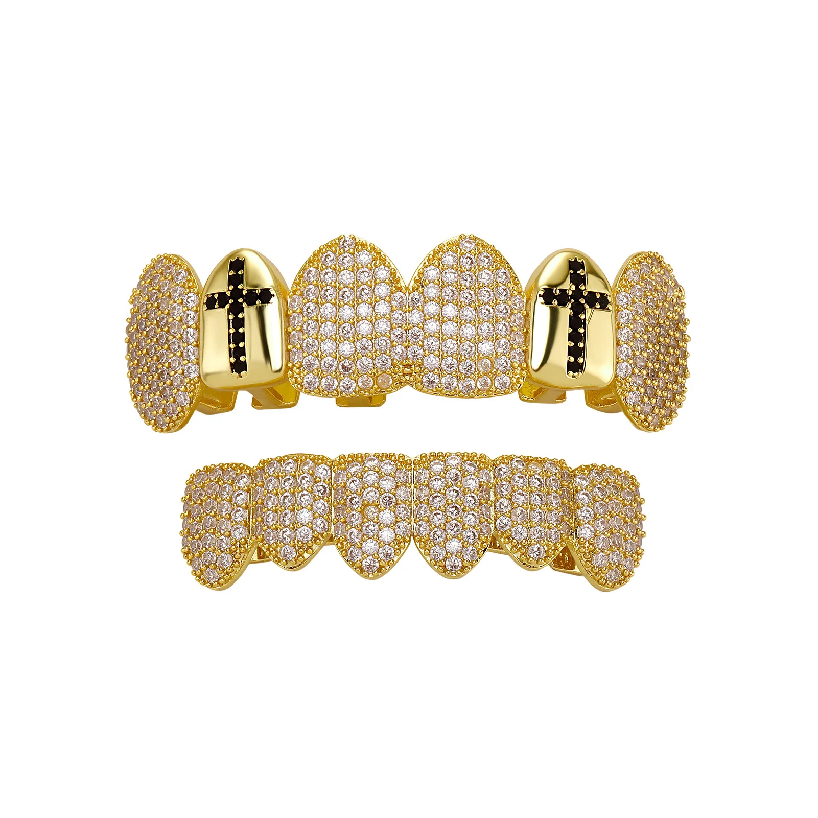 Iced Out Vampire Fang Grillz Cross 6 Tooth Top Bottom Set Gold Plated Cubic Zirconia Hip Hop Rapper Wholesale Jewelry