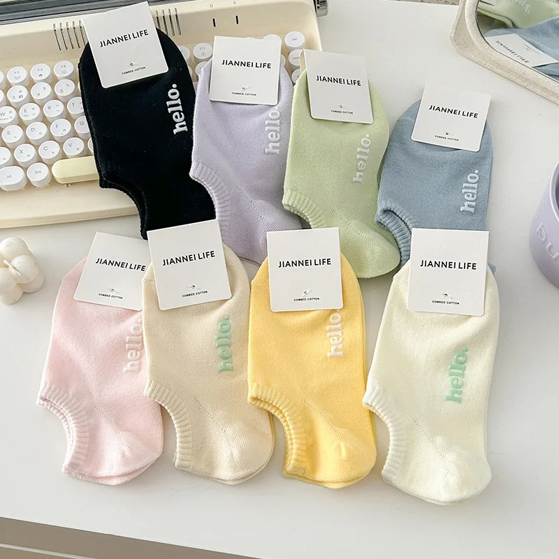 Women's Summer Hello Letter Print No Show Ankle Socks Candy Color Preppy Style Embossed Cotton Boat Socks Low Cut Invisible
