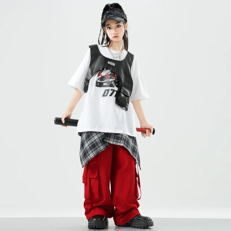 Ragazzi Abbigliamento Hip Hop Gilet Maglietta Pantaloni cargo rossi Ragazze Abiti da ballo di strada Set Bambini Jazz K-pop Costumi Bambini Streetwear