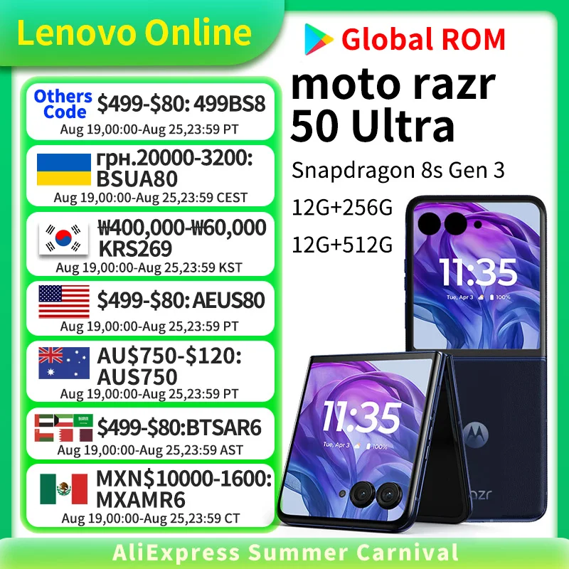 Lenovo-teléfono móvil inteligente Moto Razr 50 Ultra 5G, smartphone plegable con pantalla de 6,9 pulgadas, Snapdragon 8s, Gen3, Android, carga