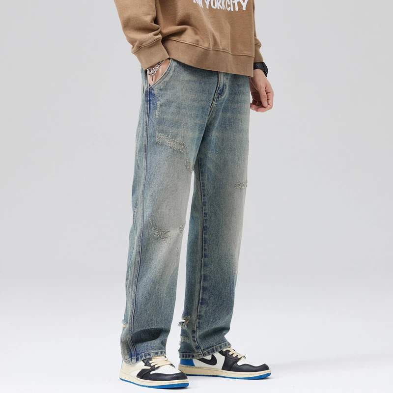 الأمريكية Sle عادية الدينيم الجينز الرجال شارع العليا الاتجاه هول واسعة الساق السراويل الطويلة الخريف Faion مستقيم قطع فضفاضة تناسب