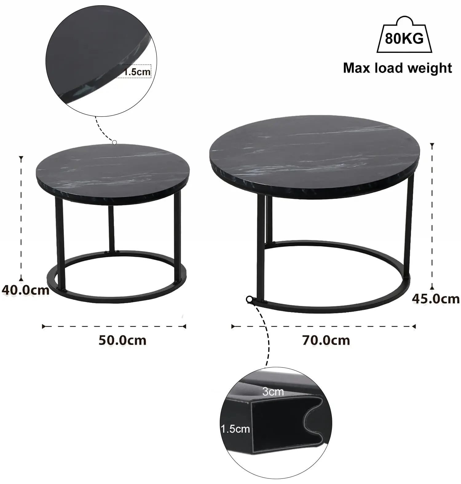 Modern Round 2-Piece Nesting Coffee Table Set, Steel Top Metal Frame Side Tables For Living Room Balcony Office