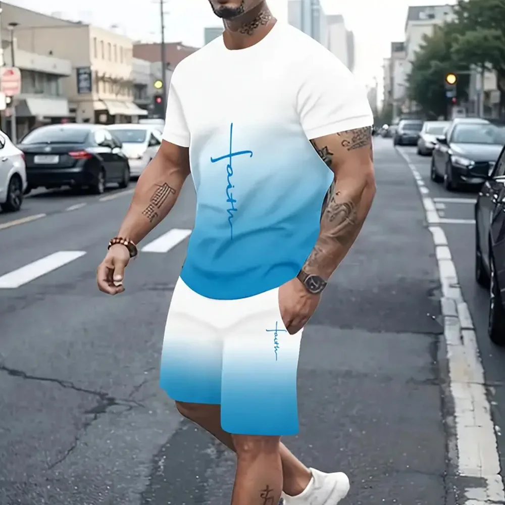 Gradient Men's Suit Casual New Short Sleeve With Shorts 3d Letter Faith Printed T-Shirt And Drawstring  Shorts 2-Piece Sets