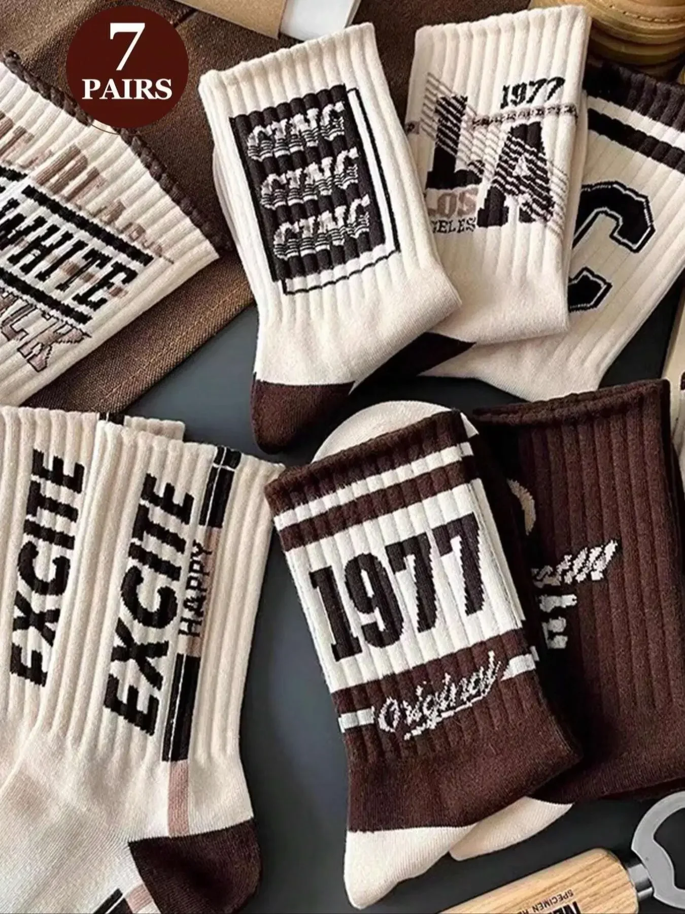7 Pairs Coffee Color Casual Crew Socks, Breathable Sweat-Wicking Mid-Calf, Street Style Letter Design, Comfortable Soft, Unisex, Daily Wear