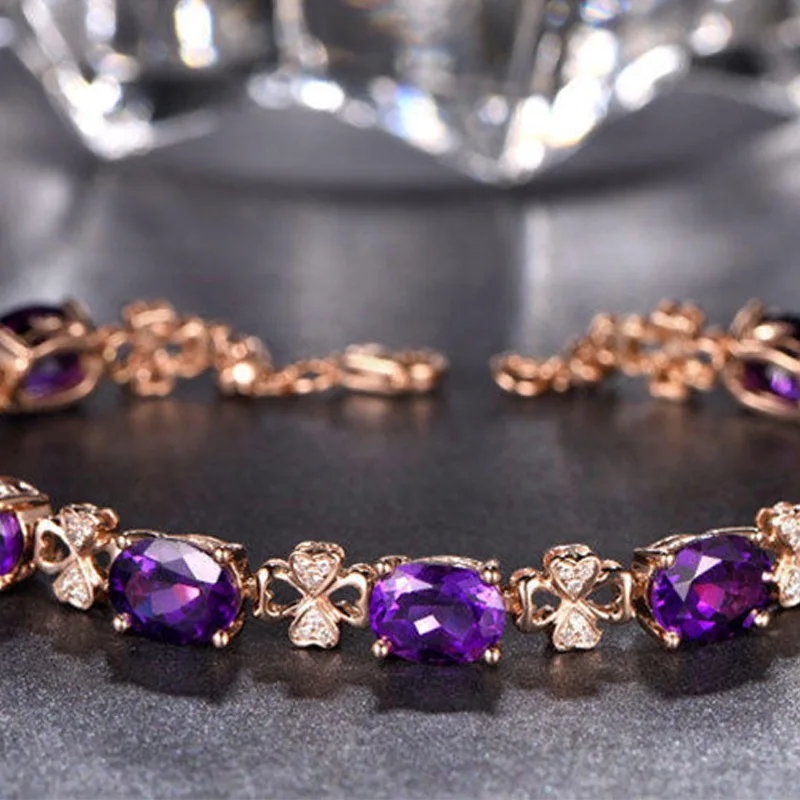 Rose Gold Plated Luxury Purple Crystal Stone Leaf Collar Chain Necklace Rings Earring Bracelet Jewelry Set for Women Girls Gift