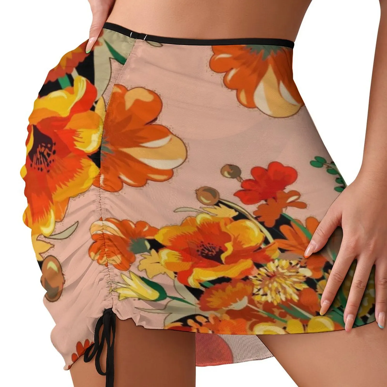 

Floral 70s boho flower pattern on pink Beach Skirt korean ladies summer sexy skirt