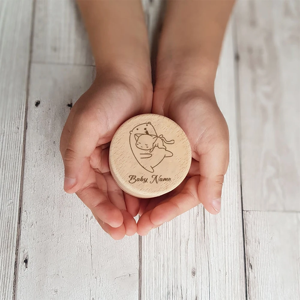Personalized Newborn Name Milk Teeth Box Round Wooden Tooth Fairy Holder Birthday Gift for Girls and Boys Tooth Box