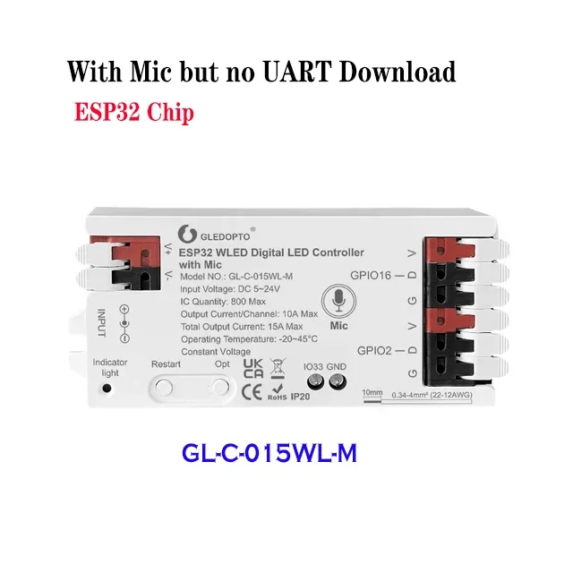 

ESP32 WLED Strip Light Controller with Mic no UART Download GL-C-015WL-M DC 5-24V 15A Max