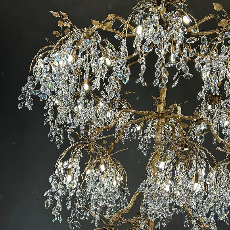 Luxury Crystal Branch Chandelier For High Ceiling Vila Living Room Lobby Copper Crystal Pendant Large Chandelier Foyer Entryway