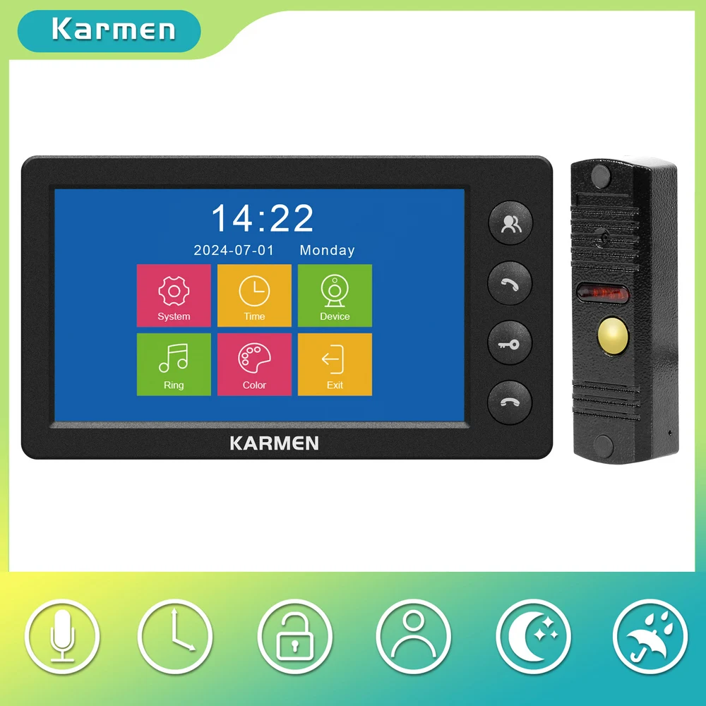 karmen video campainha para casa interfone com fio tela de polegadas impermeavel telefone de porta colorida camera sistema de desbloqueio de suporte 01