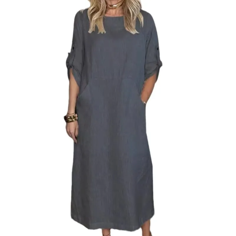 2025, novedad de verano, vestidos de algodón para mujer, moda sólida, suelto, manga corta, cuello de jardín, bolsillo, vestidos blancos de longitud media, bata elegante