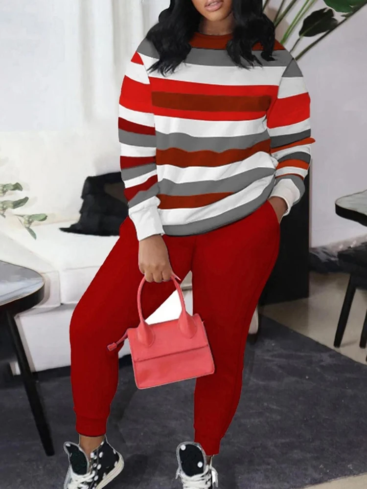 

LW Plus Size Pants Two Piece Sets for Women 2025 Spring New Casual Crew Neck Long Sleeve Tops Skinny Striped 2pc Pant Set Woman