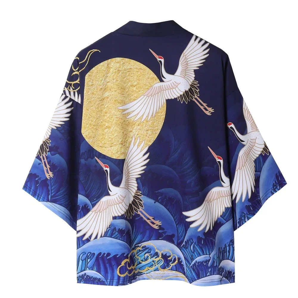 Summer Crane Print Kimono Unisex Fashion Hawaiian Shirt Trendy Beach Tops Yukata Bathrobe Haori Loose Kimono Cosplay Outwear