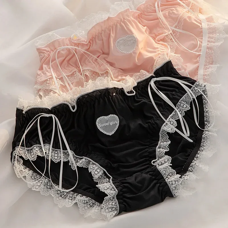 Cute Pink Lolita Love Lace Panties Girls Kawaii Underwear Ice Silk Wrap Buttock Cotton Breathable Women Briefs Thong Lingerie