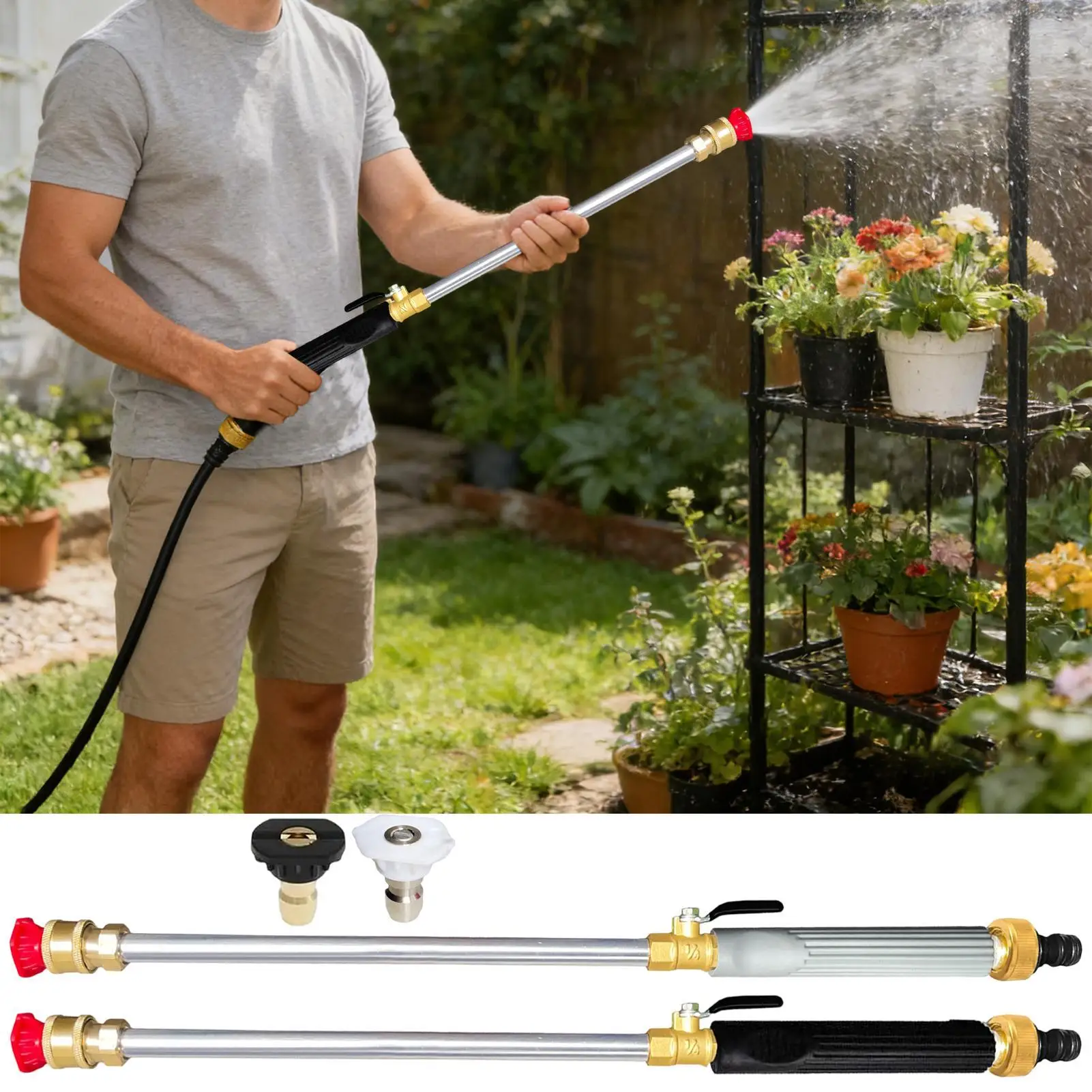 Pressure Washer For Hose Adjustable Watering Tool Power Wash Wand For Garden Hose With Quick Connector And 3 Nozzles For Lawn