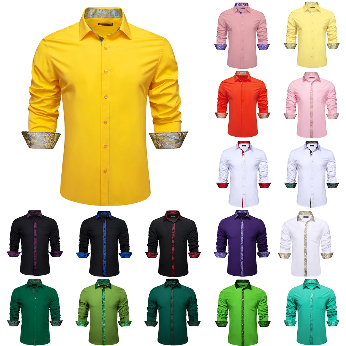 Luxury Shirts for Men Silk Long Sleeve Pink Gold Yellow White Red Green Blue Purple Solid Patch Slim Fit Male Blouses Barry Wang