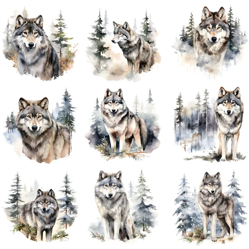 Ink wash style natural scenery forest Transfers Wild Wolf Painting Vinyl Heat Transfer Patch For Clothes Applique Stickers