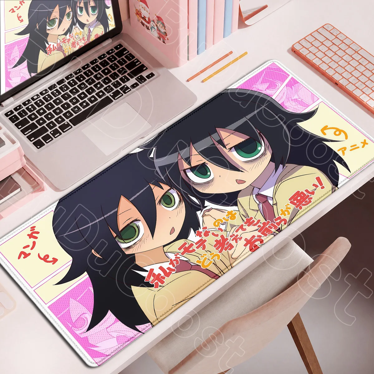W-Watamote Japan Anime Mousepads Carpet Gamer Extended Mouse Mat 90x40cm Locking Edge Kuroki Tomoko Kawaii PC Gaming Accessories