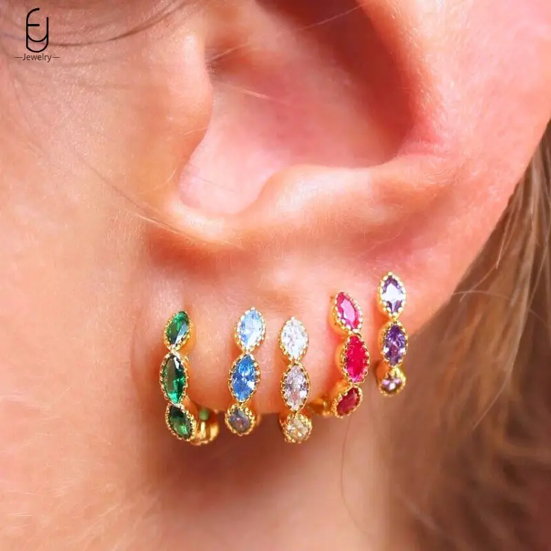 

925 Sterling Silver Needle Oval Shaped Horse Eye Colorful Zircon Hoop Earrings For Women Ins Exquisite Earings Fine Jewelry