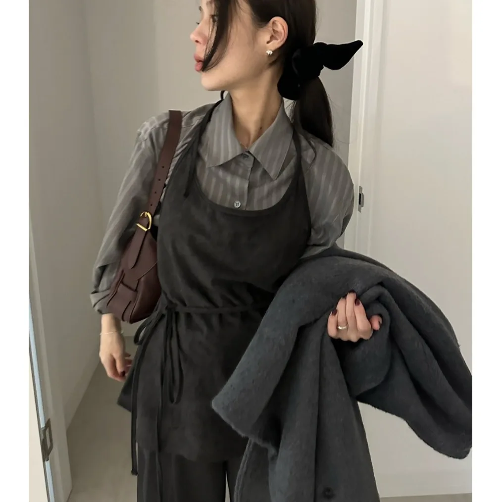 Women's Chic Vintage Casual Stripe irt Belted Waist Long Sve Tie Dye Autumn Versatile Top Comfortable Breathable Loose Fit