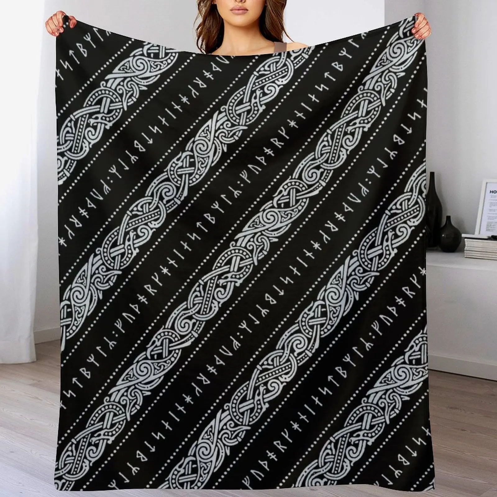 

RUNIC DIAGONAL. SILVER ON BLACK. Throw Blanket Luxury Designer Travel For Baby Decorative Beds Blankets