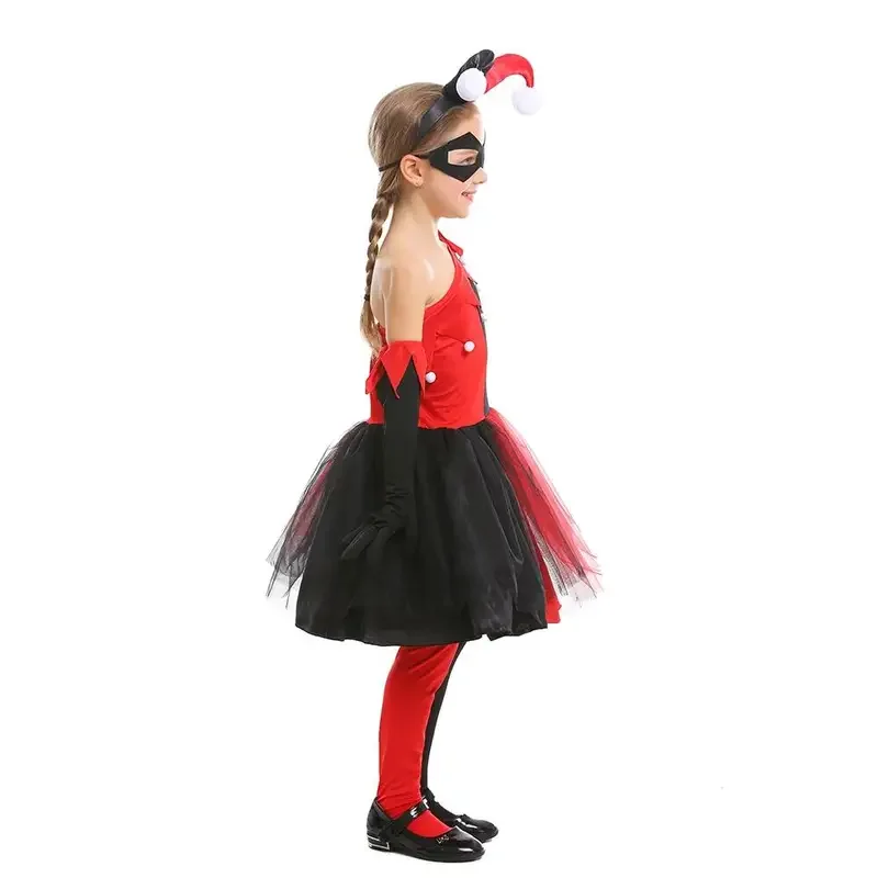 RT01 niñas Quinn Cosplay vestidos Halloween negro rojo payaso asesino disfraz carnaval Pascua Purim vestido de lujo y Gf1