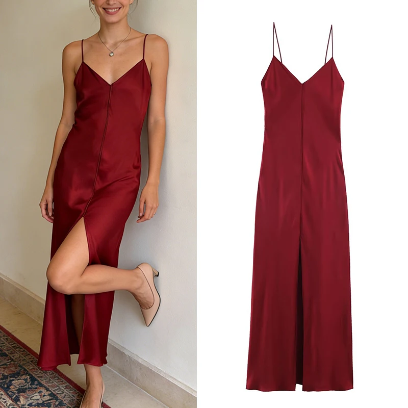 Robe femme 2025 nouveautés printemps rouge Satin Texture robe à bretelles mode élégante Chic femmes robe mince