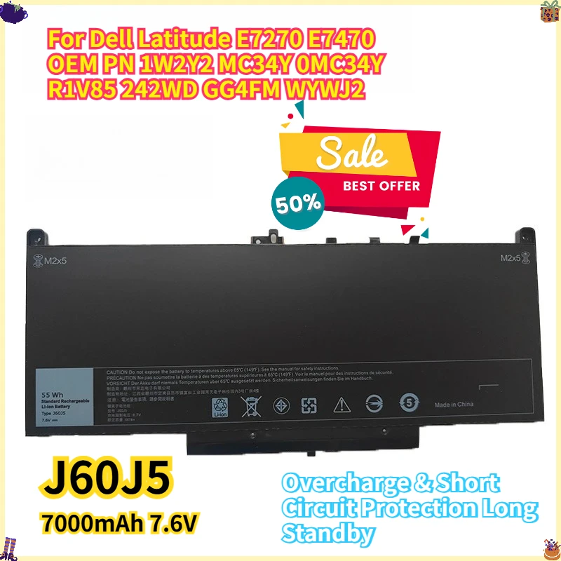 7000mAh 7.6V J60J5 Lithium Battery High Stability OEM Compatible for Dell Latitude E7270 E7470 PN 1W2Y2 MC34Y 0MC34Y R1V85 242WD