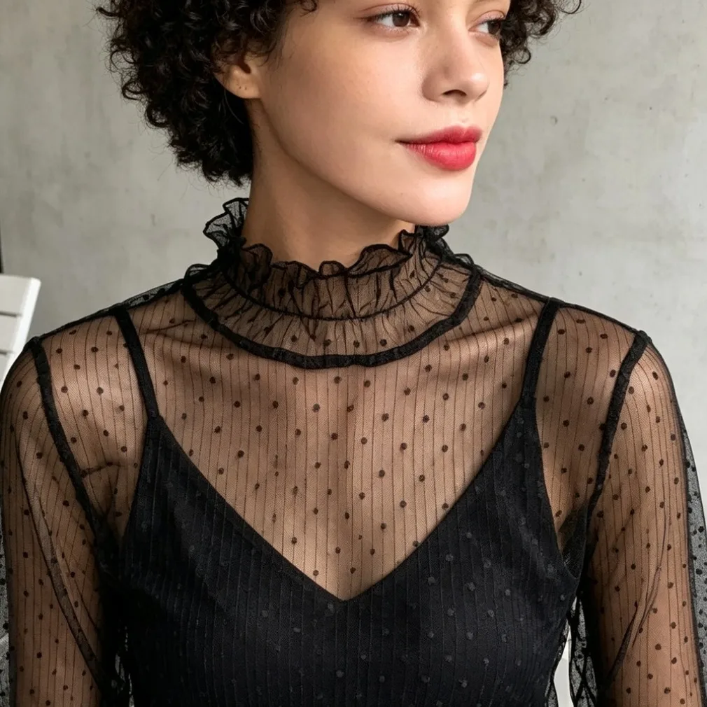 Mesh Blouse Women Y2k Millennium Retro Nineties Nostalgia Aesthetic White Lace Collar Long Sleeve See Through Gauze Dotted Muse