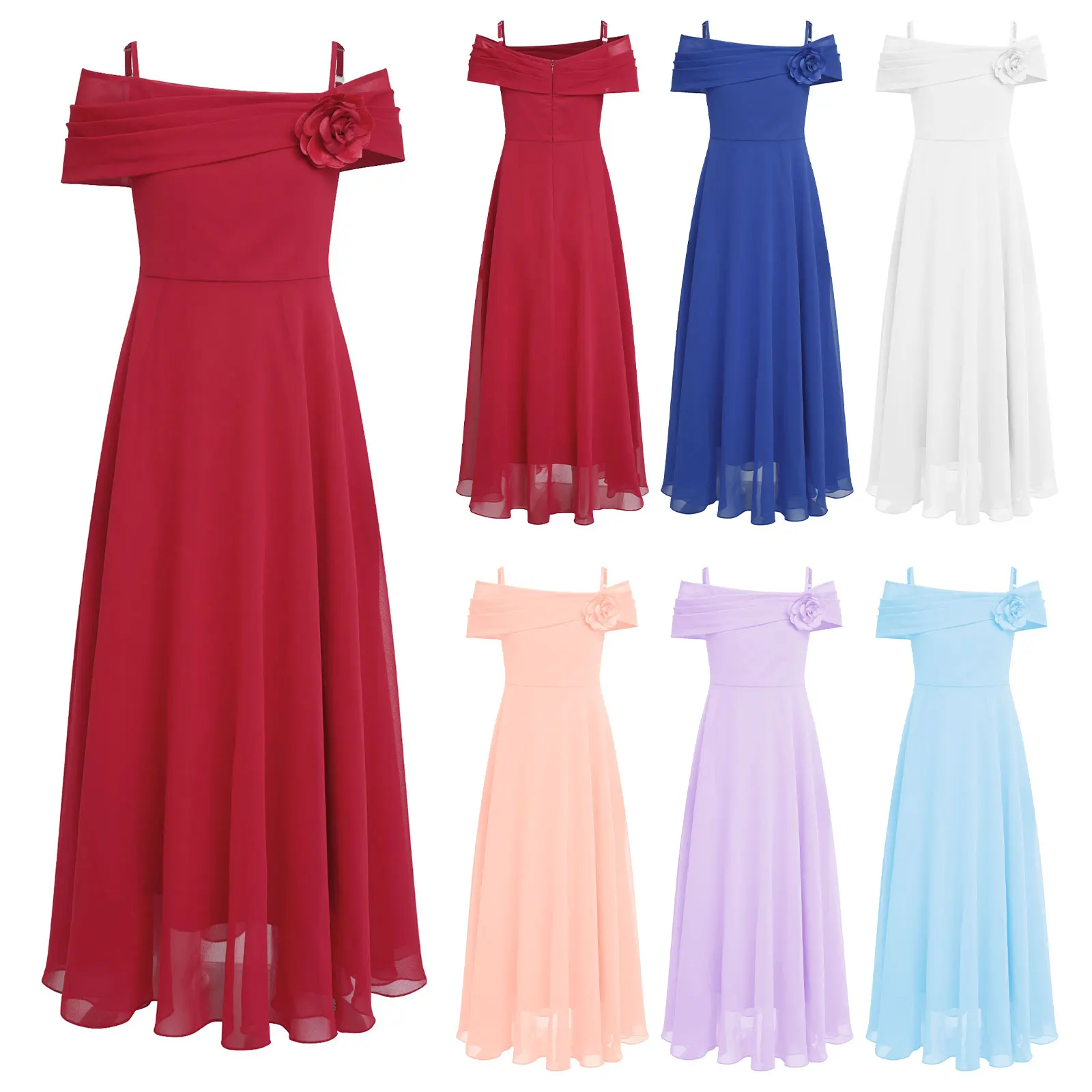 Kids Girls Elegant 3D Flower Applique Party Gowns Off Shoulder Flattering A-Line Chiffon Dress for Bridesmaid Birthday Proms