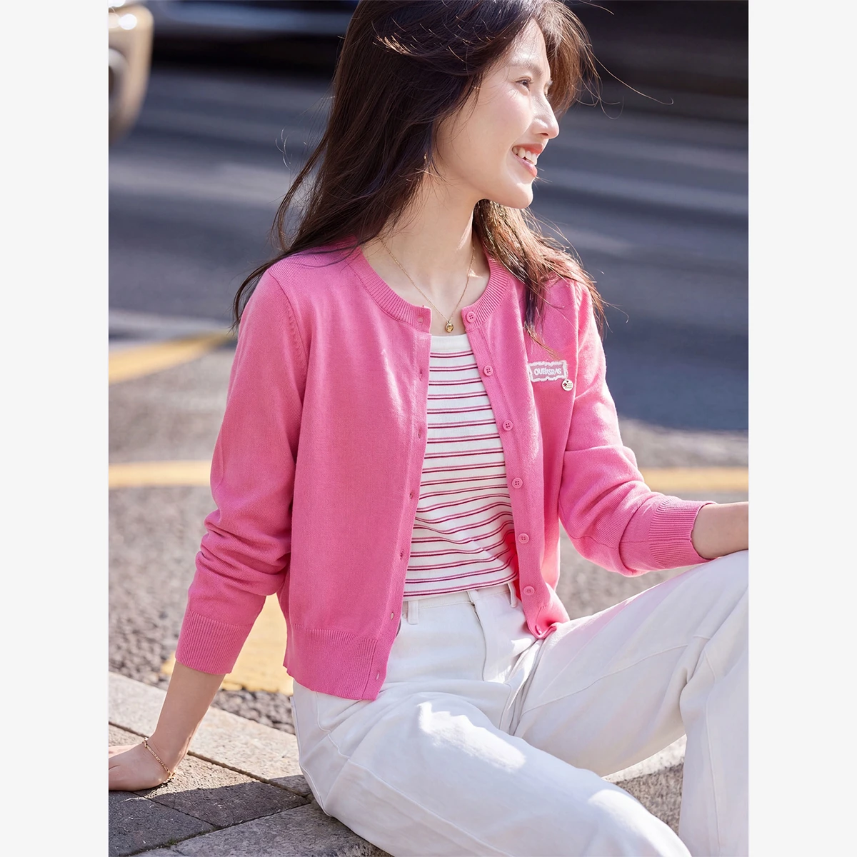 VIMLY Pink Striped Knit Sweater Women Fake Two‑Piece 2026 Fall Contrast Color Versatile Round Neck Long Sleeve Pullover 31816