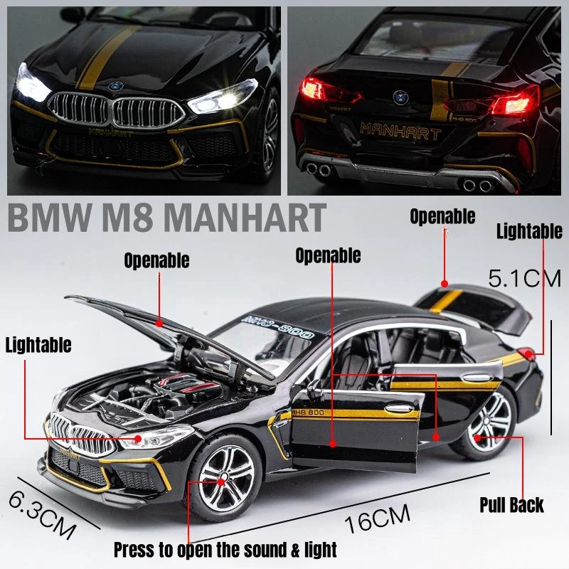 1/32 BMW MH8 800 Manhart Diecast Car Toy For Children Miniature Model Pull Back Sound & Light Collection Gift for Boys Kid Gift