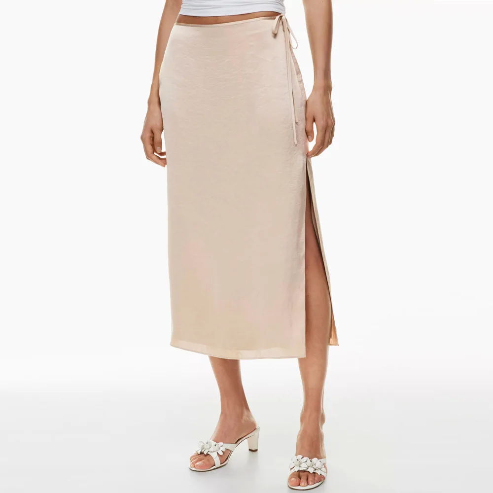 New In 2025 Women's Spring Summer Lace Up Satin High Waist Slit Solid Color Elegant Midi Long Skirt