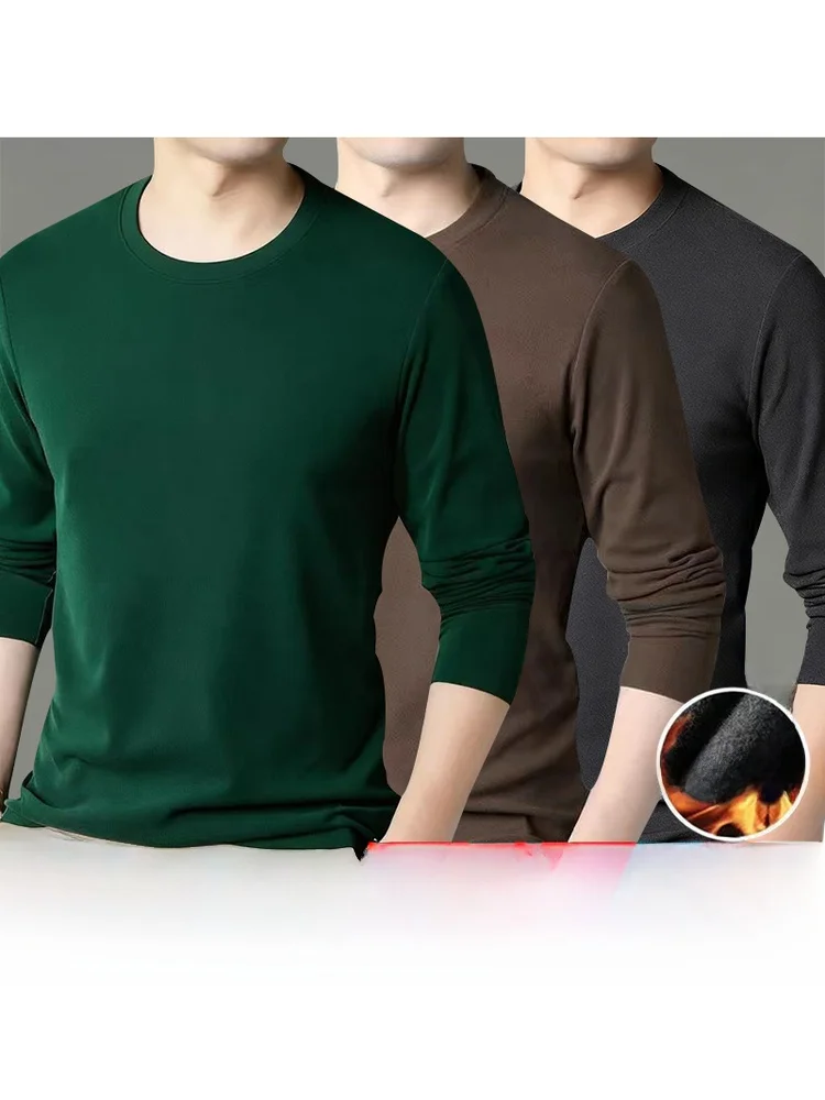 Long Sleeve Double-sided German Velvet Men's T-shirt Loose Casual Base Layer Shirt Warm Inner Wear Comfortable Korean Style
