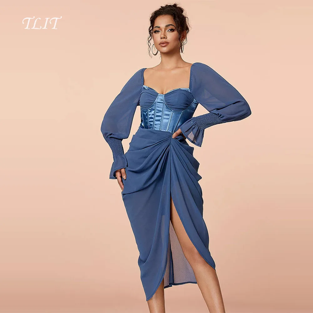 TLIT Semplici abiti da sera corti in chiffon blu navy personalizzati maniche lunghe pieghe abiti da ballo senza spalline guaina و
