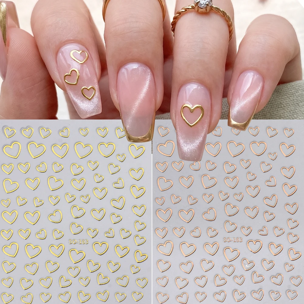 2Pcs Love Heart 3D Nail Art Stickers Hollow out Heart Shaped Metallic Decals Mirror Nail Decorations Accessories DIY Manicures