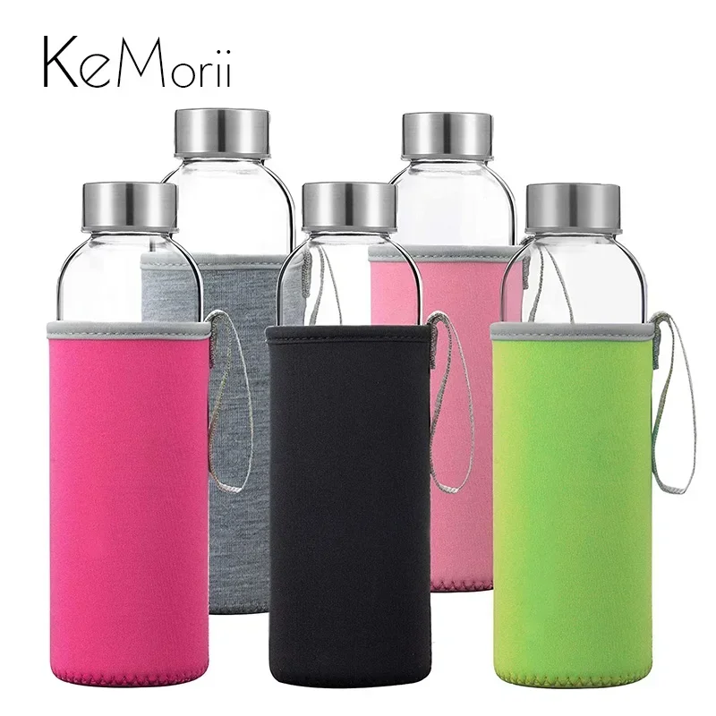 280ml/360ml/550ml Glass Water Bottle High Temperature Resistant Sport Bottle with Protective Bag BPA Free Travel Drink Bottle