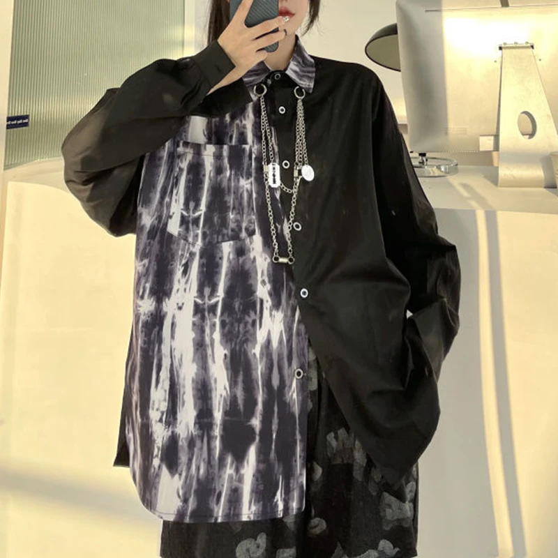 Arens Techwear-traje de primavera para hombre, camisa de cadena Tie-Dye negra Vintage + pantalón Cargo, blusa de empalme, chaqueta, pantalones de