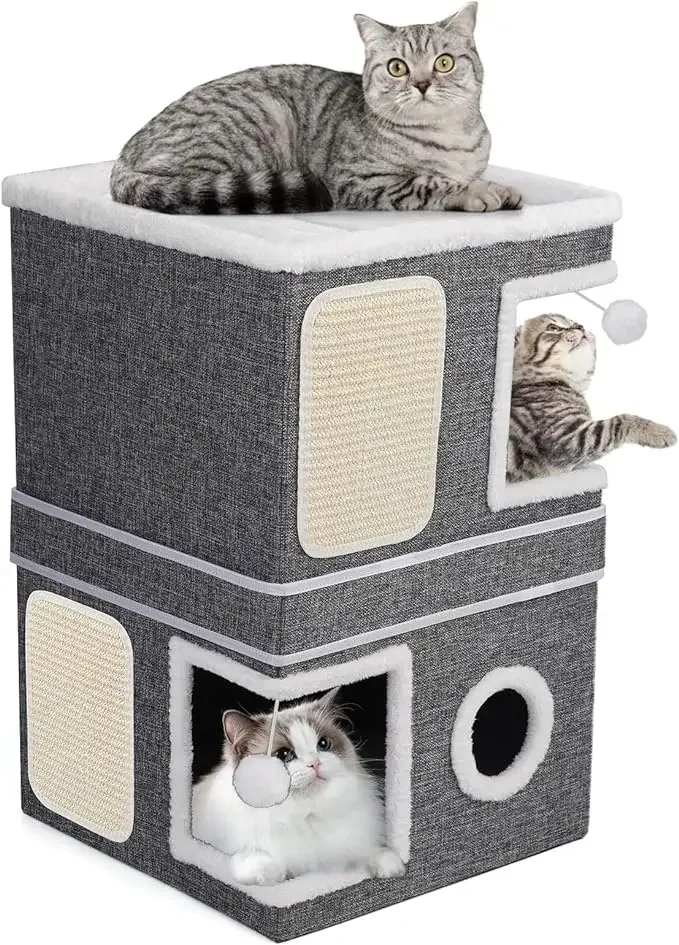 

2-Storey Cat House Indoor Cats, Separate Into 2 Large Cat Bed Cave with Hideaway Condos, Scratch Pads, Hanging Balls