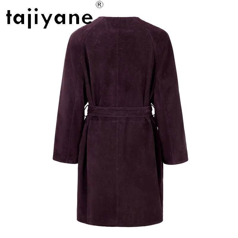 TAJIYANE Genuine Leather Jacket Women Goat Suede Long Leather Coat Belted Bathrobe Style Jackets Oversized Outerwear New Jaqueta