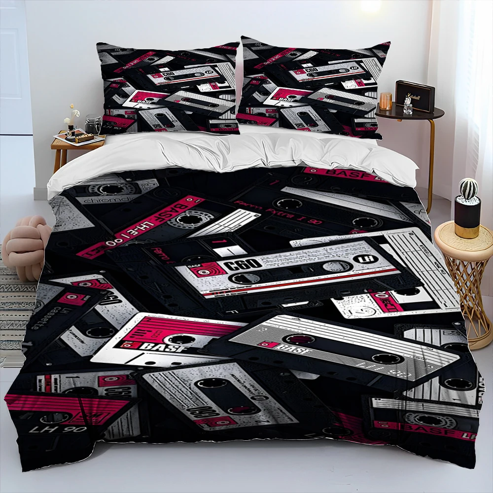 

Retro Music Cassette Tape Pattern Comforter Bedding Set,Duvet Cover Bed Set Quilt Cover Pillowcase,Queen Bedding Set Adult Kids