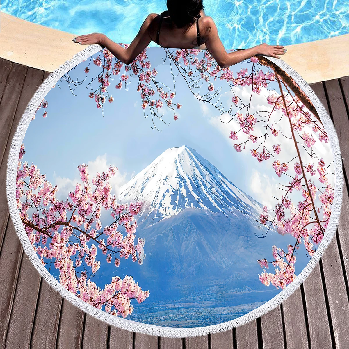 منشفة شاطئ مستديرة بزهر الكرز، شجرة زهر الكرز في الشمس، بطانية شاطئ مضادة للرمل، ماصة سريعة الجفاف، منشفة حمام سباحة ناعمة #5