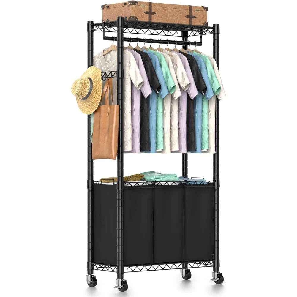 Rolling Laundry Basket Organizer with Wheels and Hanging Bar, Basket Trolley Sorter 3 Sections