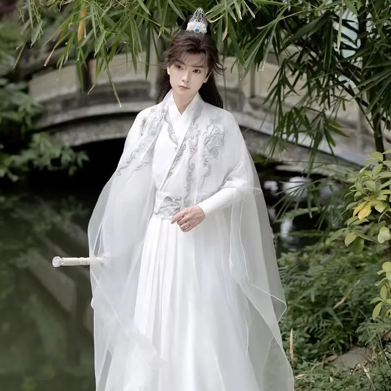 

Костюм для Хэллоуина и карнавала, наряд для косплея, китайский ханьфу больших размеров 3XL, мужской белый вышитый винтажный ханьфу, мужские костюмы
