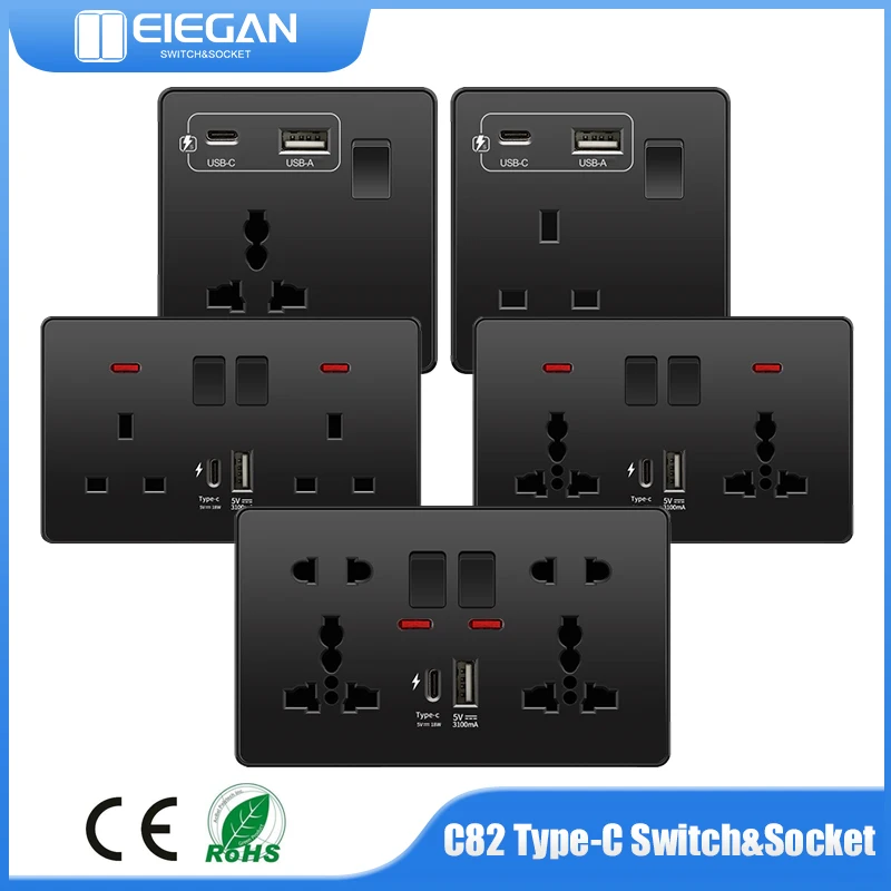 

UN UK EU Standard PC Plastic Panel 3.1A 5V USB type-C Power Socket Wall Switch AC110-240V Universal Wall Dual Socket Outlet