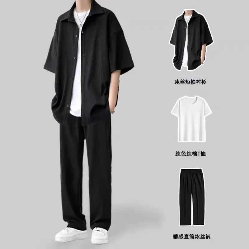 

Green and black white shirt Male short -sleeved summer thin loose shirt five -point American large code jacket