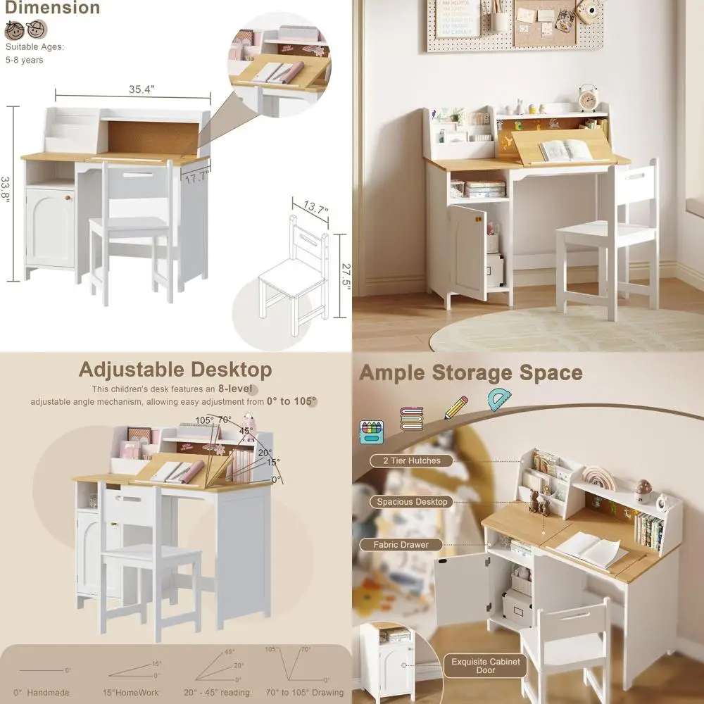 

Natural Wooden Kids Study Desk with Storage and Hutch, Ideal for Ages 3-8, Home Schooling Desk Set