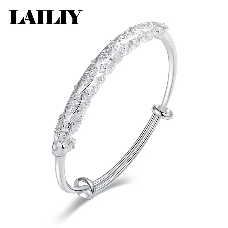 LAILIY 925 Sterling Silver Birthday Gift Party Peacock Style Push Pull Adjustable Bangle Bracelet For Women Girl Fashion Jewelry
