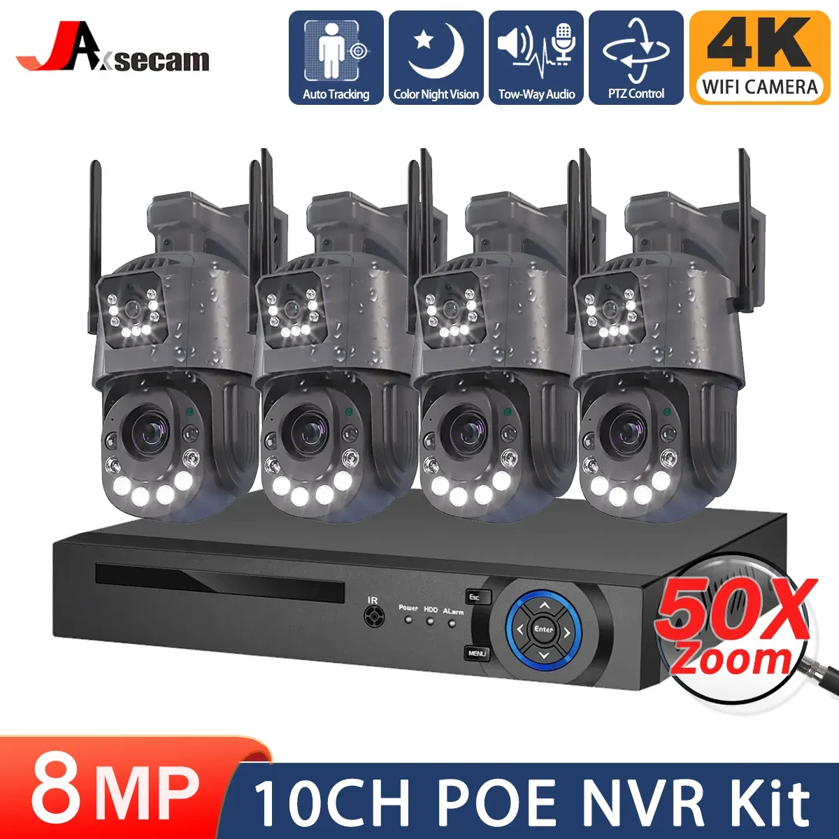 50X Zoom Wireless Security Camera System 8MP 4K 10CH POE Home Surveillance NVR Kits Outdoor CCTV IP PTZ Cameras Set 2-Way Audio