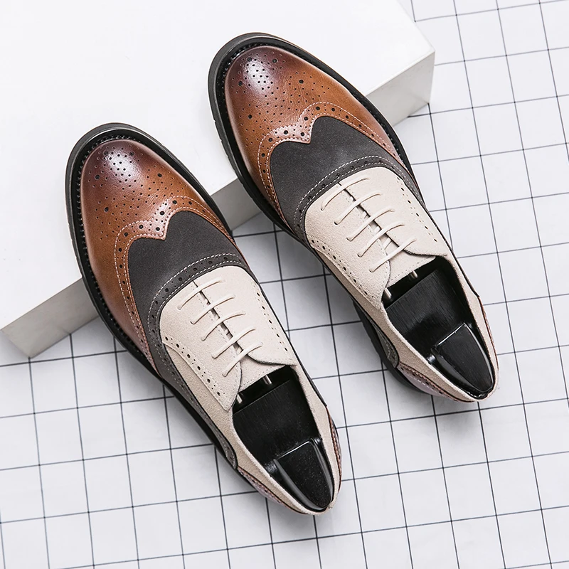 Men\'s Leather Brogues Lace-up Oxford Flat Shoes Men Yellowish-brown Handmade Shoes Casual Leather British Formal Platform Shoes